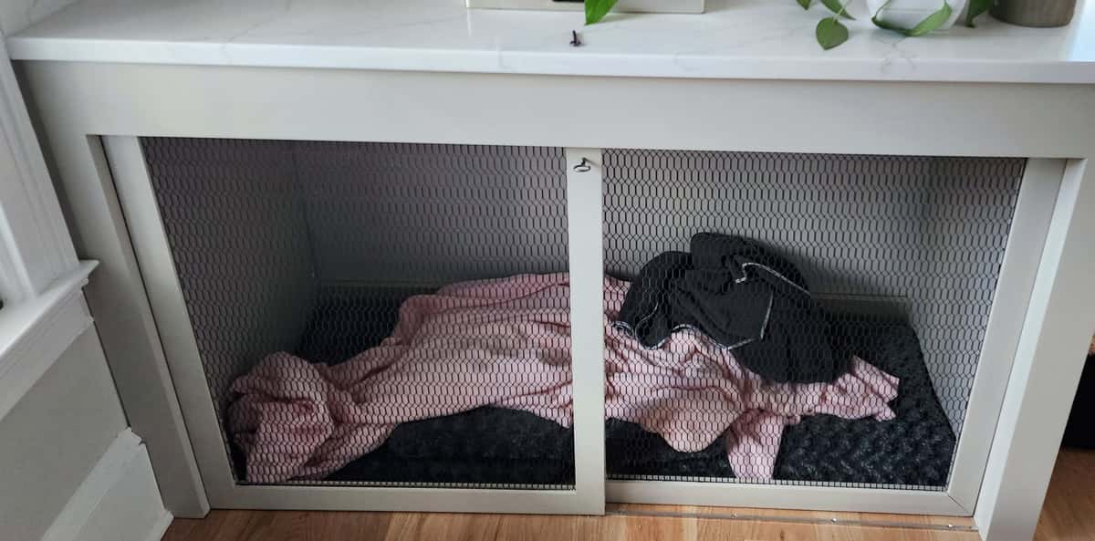 Custom built-in dog crate console with painted frame, mesh panels and a white quartz top